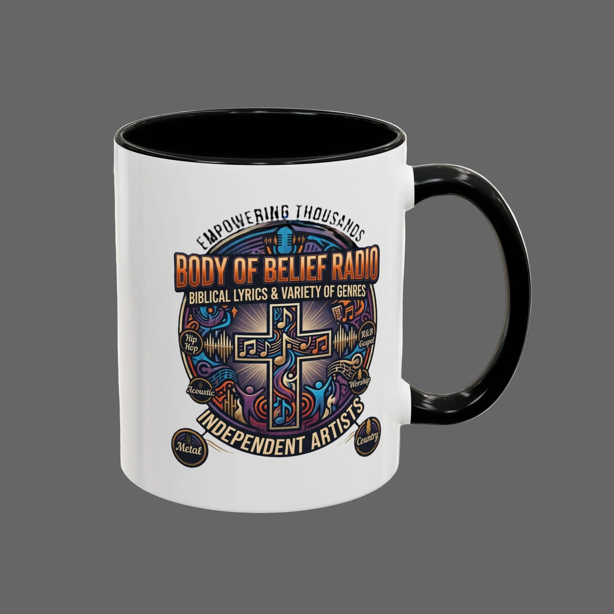 Accent Coffee Mug — "Body of Belief Radio" Gospel Music Ceramic Mug (11/15oz)