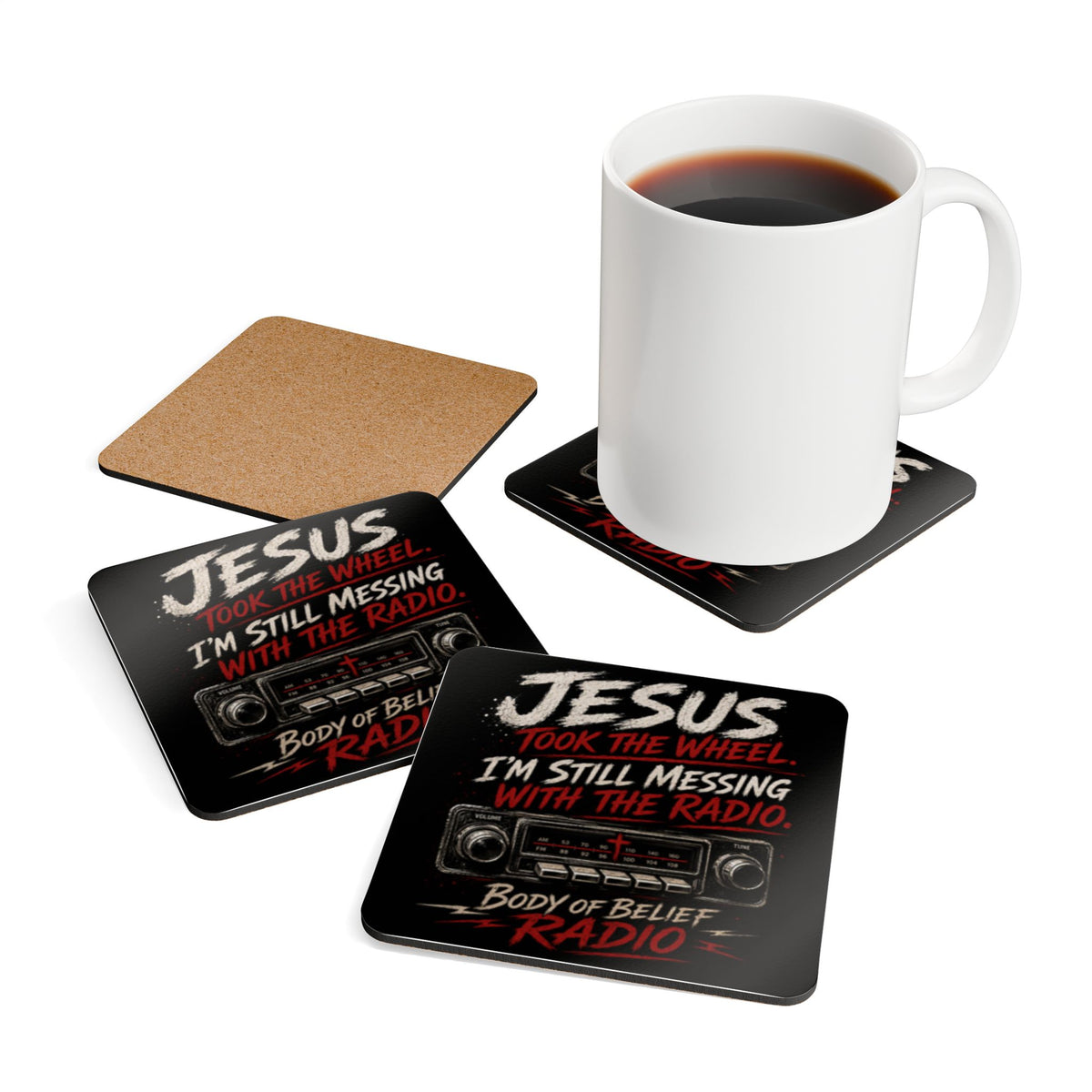 Jesus Took the Wheel Corkwood Coaster Set
